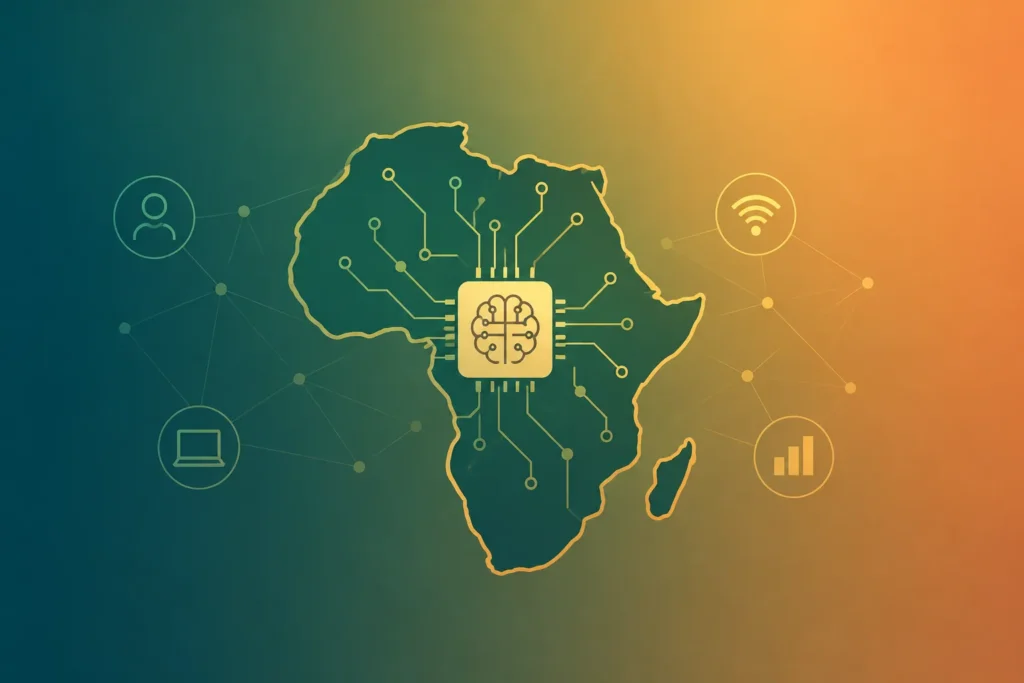 Minimalist illustration of Africa with AI microchip and digital network connections on a teal-to-orange gradient background.