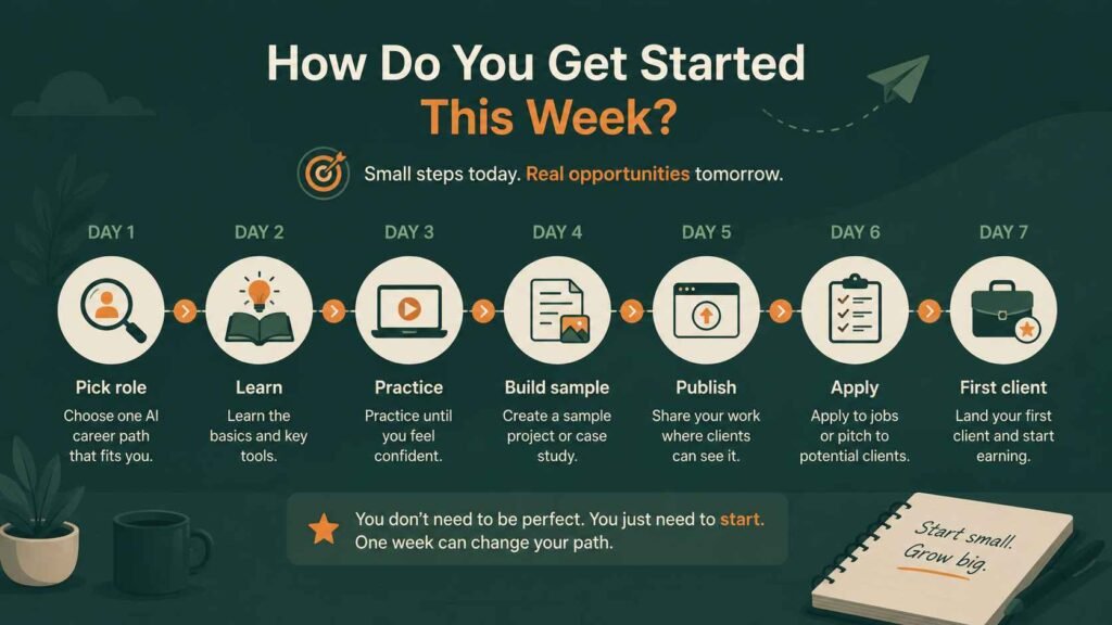 10 Best AI Careers You Can Start Today (No Degree Required) 5 Seven-day AI career roadmap infographic showing a step-by-step beginner plan: Day 1 pick an AI career path, Day 2 learn the basics, Day 3 practice with AI tools, Day 4 build a portfolio sample, Day 5 publish your work online, Day 6 apply for jobs or freelance gigs, and Day 7 land your first client. Minimalist flat-vector design on a dark teal background with orange accents.