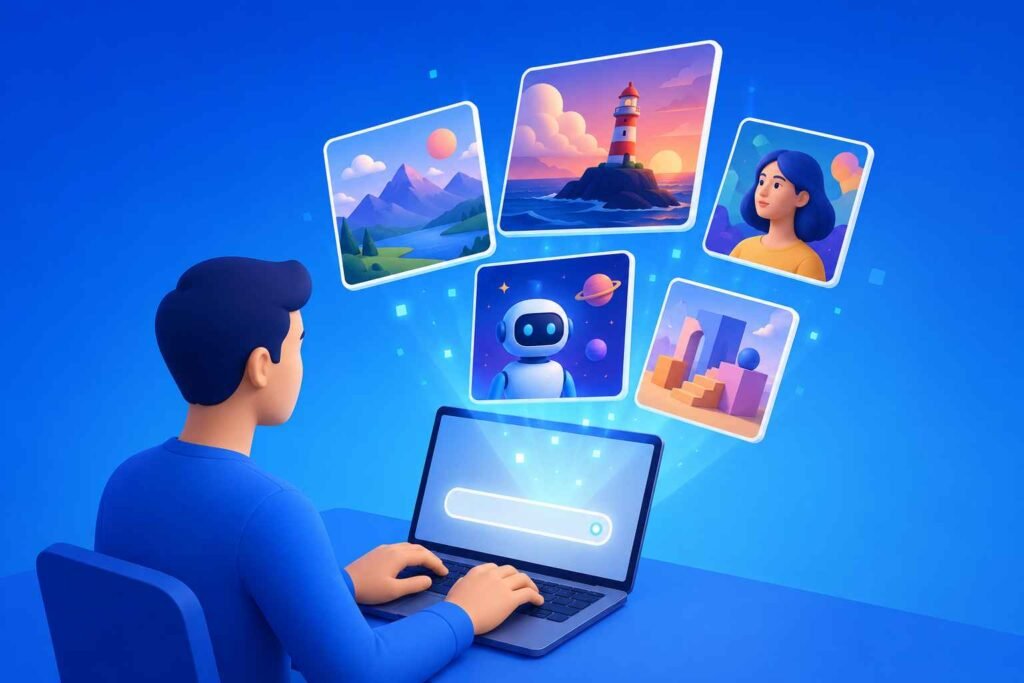 Minimalist illustration of a person typing a text prompt into a laptop while colorful AI-generated images appear above the screen, clean geometric shapes, modern flat 3D design, blue gradient background, no text.