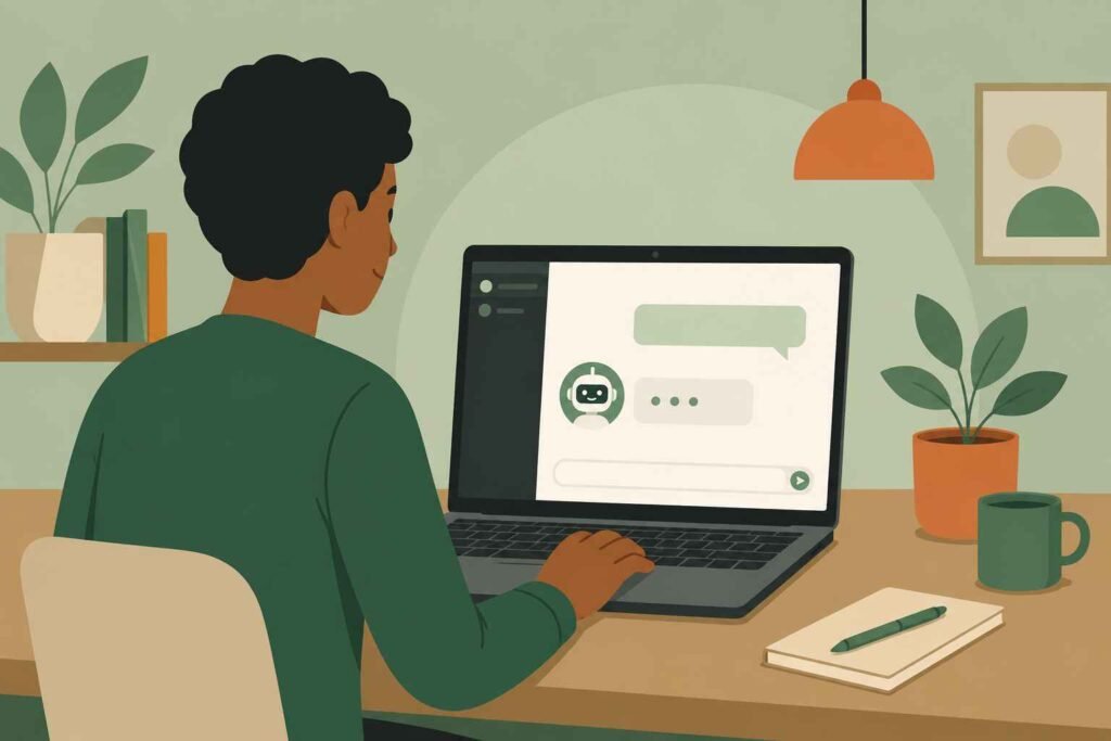 A minimalist flat illustration of a person opening ChatGPT on a laptop for the first time, a simple chat interface with a friendly AI assistant, warm modern workspace, clean geometric shapes, soft green and orange accents, no text, editorial style, muted sage green background, vector illustration.