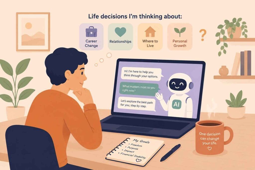 Minimalist illustration of a person discussing life decisions with an AI assistant on a laptop, calm home environment, coffee mug, soft warm colors, flat vector illustration, light peach background.