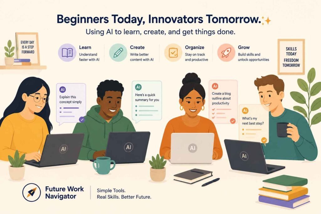 **Alt text:**Illustration of diverse beginners using AI on laptops for learning, writing, and productivity, with AI chat windows, books, plants, and coffee in a warm, minimalist workspace.