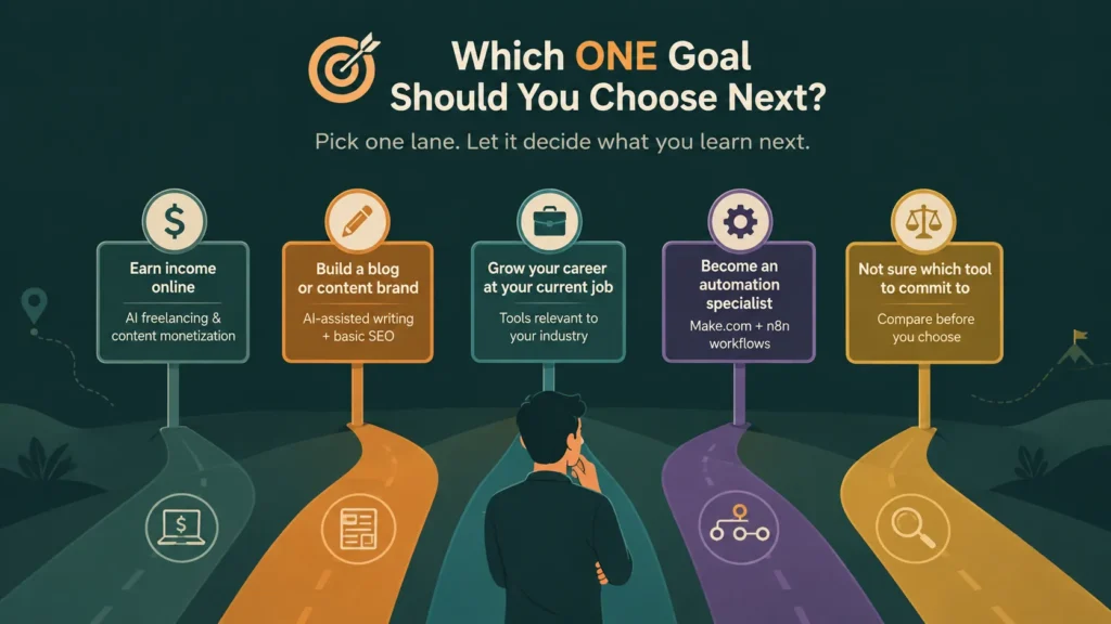 How to Learn AI From Scratch in 2026: A Complete Beginner Roadmap 4 Illustration of five AI career paths helping beginners choose a learning goal and future direction.