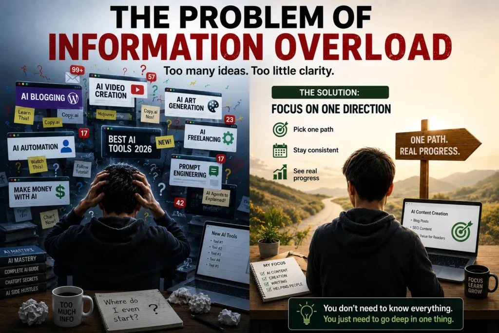 A split-screen infographic titled “The Problem of Information Overload” showing a stressed beginner overwhelmed by AI topics, tools, and notifications on the left, contrasted with a calm learner focused on one clear path and steady progress on the right. The image highlights the importance of focusing on one AI skill instead of trying to learn everything at once.