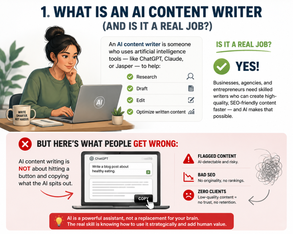 How to Become an AI Content Writer and Get Paid in 2026 2 Illustrated infographic explaining what an AI content writer does. A woman works on a laptop with AI writing tools like ChatGPT, Claude, and Jasper shown for research, drafting, editing, and content optimization. The graphic warns that AI content writing is not about copying AI output blindly, highlighting risks like flagged content, bad SEO, and losing clients. The message emphasizes that AI should assist human creativity, not replace it.