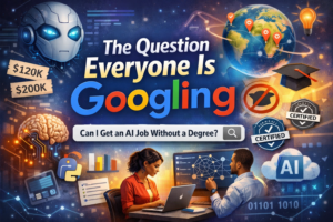 Can you get an AI job without a degree featured image with AI careers, certifications, and technology illustrations.