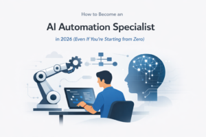 Minimalist illustration showing a person working on a laptop with a robotic arm and digital head symbolizing AI automation, accompanied by the title ‘How to Become an AI Automation Specialist in 2026 (Even If You’re Starting from Zero).