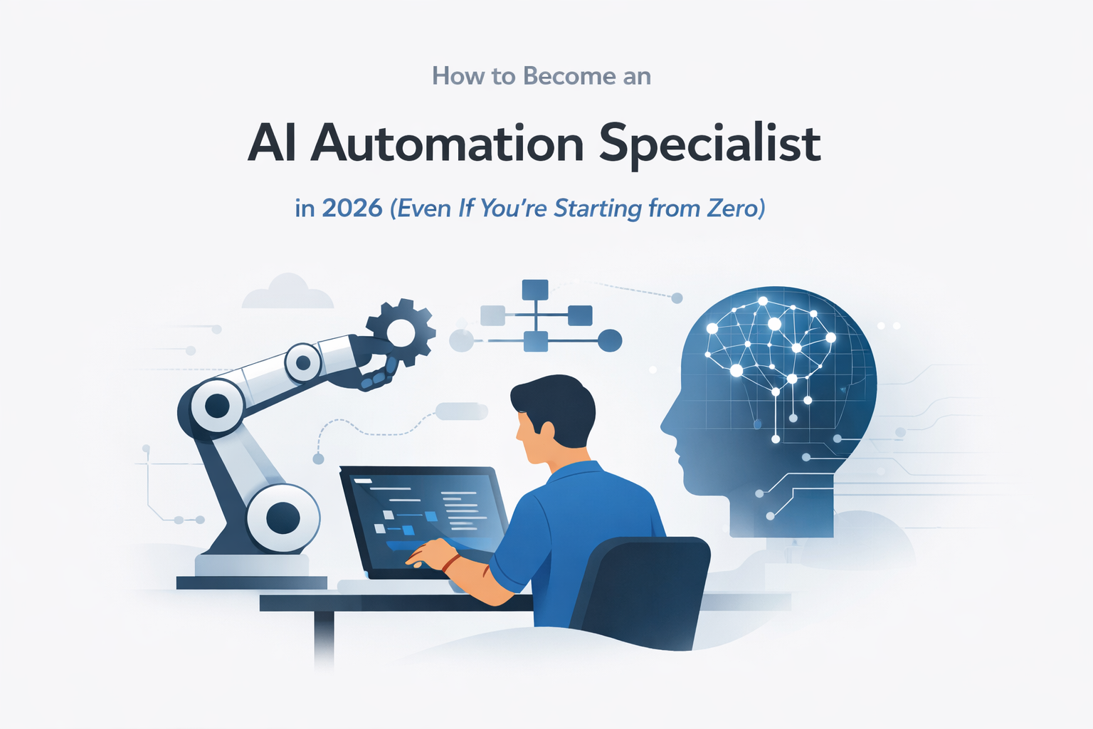 Minimalist illustration showing a person working on a laptop with a robotic arm and digital head symbolizing AI automation, accompanied by the title ‘How to Become an AI Automation Specialist in 2026 (Even If You’re Starting from Zero).