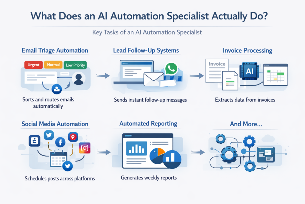 Infographic titled ‘What Does an AI Automation Specialist Actually Do?’ showing five examples of automation tasks: email triage automation with categorized messages, lead follow-up systems sending instant replies, invoice processing using AI to extract data, social media automation scheduling posts, and automated reporting generating charts and weekly summaries.