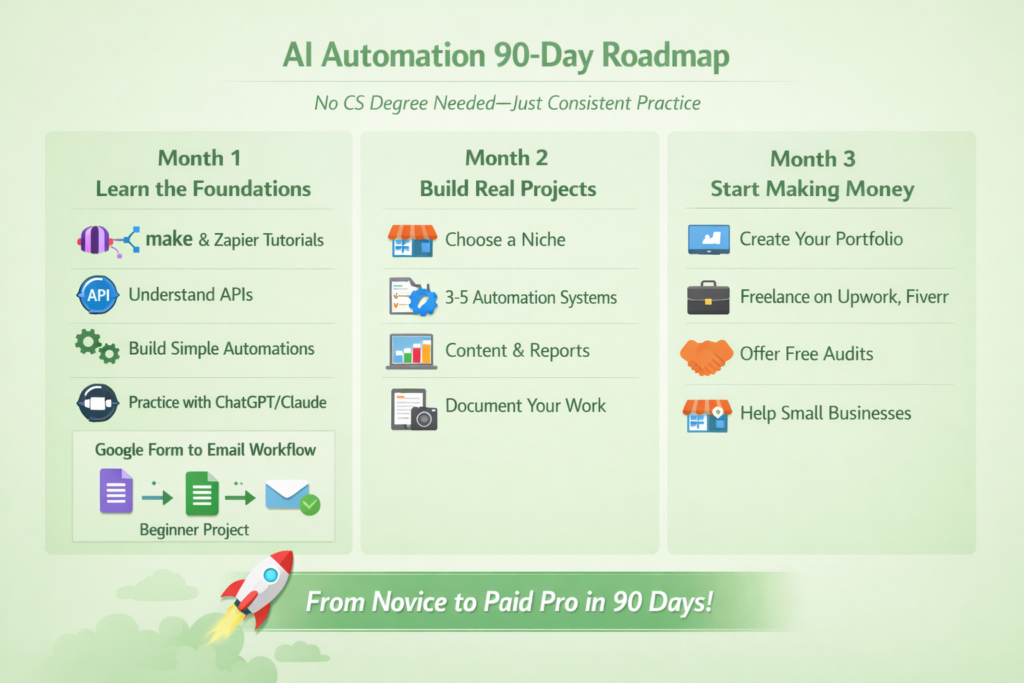 Infographic with a soft green background showing a 90-day roadmap to become an AI automation specialist. It’s divided into three columns labeled Month 1: Learn the Foundations, Month 2: Build Real Projects, and Month 3: Start Making Money. Each column lists tasks like learning Make and Zapier, building automation workflows, documenting projects, creating a portfolio, and freelancing. A rocket illustration at the bottom symbolizes progress with the caption ‘From Novice to Paid Pro in 90 Days.