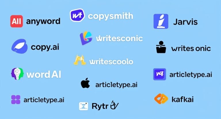 A collection of AI writing and copywriting tool logos displayed on a sky blue background, including anyword, copysmith, Jarvis, copy.ai, articoolo, writes onic, WordAI, articleforge, articletope.ai, Rytr, and kafkai, arranged in a modern grid layout with colorful brand icons and text.