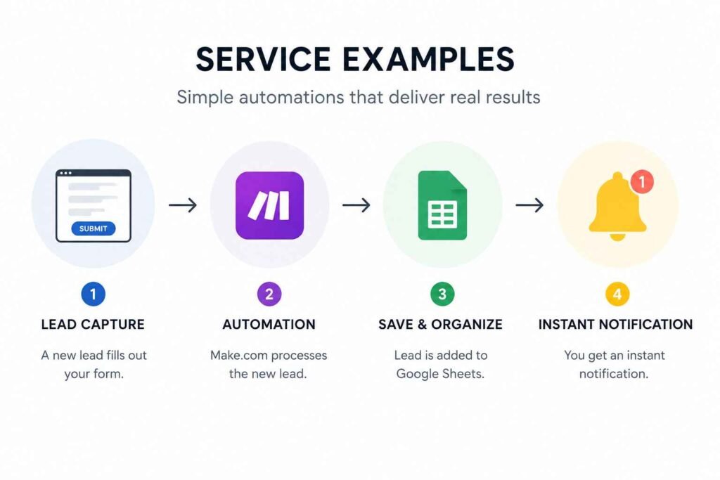 Service example infographic showing a lead capture automation workflow using Make.com. New leads from a website form are automatically processed, saved to Google Sheets, and sent as instant notifications, helping businesses automate lead management and follow-up.