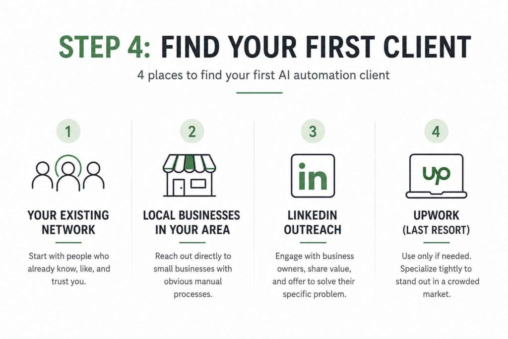 Minimalist infographic titled "Step 4: Find Your First Client" showing four ways to find AI automation clients. The design features four columns with simple icons: existing network, local businesses, LinkedIn outreach, and Upwork. Each section includes a brief description, emphasizing starting with trusted contacts, approaching local businesses directly, engaging business owners on LinkedIn, and using Upwork as a last resort. Clean white background with green and dark gray accents.