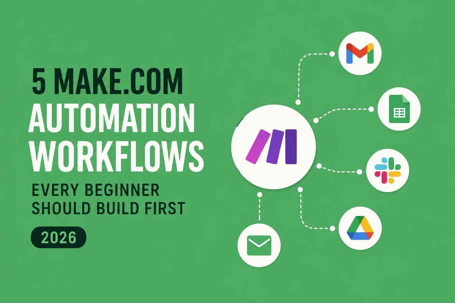 Minimalist green featured image for a Make.com tutorial showing the Make.com logo connected to Gmail, Google Drive, Google Sheets, Slack, and email icons through automated workflow paths. Large text reads “5 Make.com Automation Workflows Every Beginner Should Build First” with a 2026 label, representing beginner-friendly automation and productivity systems.