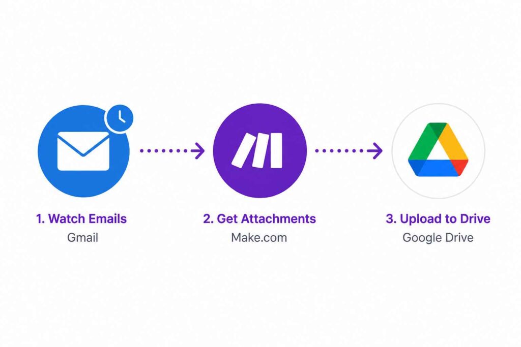 Minimalist workflow diagram showing an automated process that saves email attachments to Google Drive using Make.com. The workflow consists of three connected steps: a Gmail email icon labeled “Watch Emails,” a Make.com icon labeled “Get Attachments,” and a Google Drive icon labeled “Upload to Drive.” Purple dotted arrows connect each step on a clean white background, illustrating the automation flow from incoming emails to cloud storage.