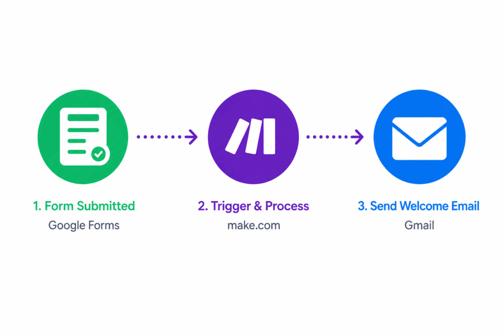 Minimalist automation workflow diagram showing how a welcome email is automatically sent after a form submission using Make.com. The workflow consists of three connected steps: a Google Forms icon labeled “Form Submitted,” a Make.com icon labeled “Trigger & Process,” and a Gmail icon labeled “Send Welcome Email.” Purple dotted arrows connect each step on a clean white background, illustrating the automated flow from form submission to email delivery.