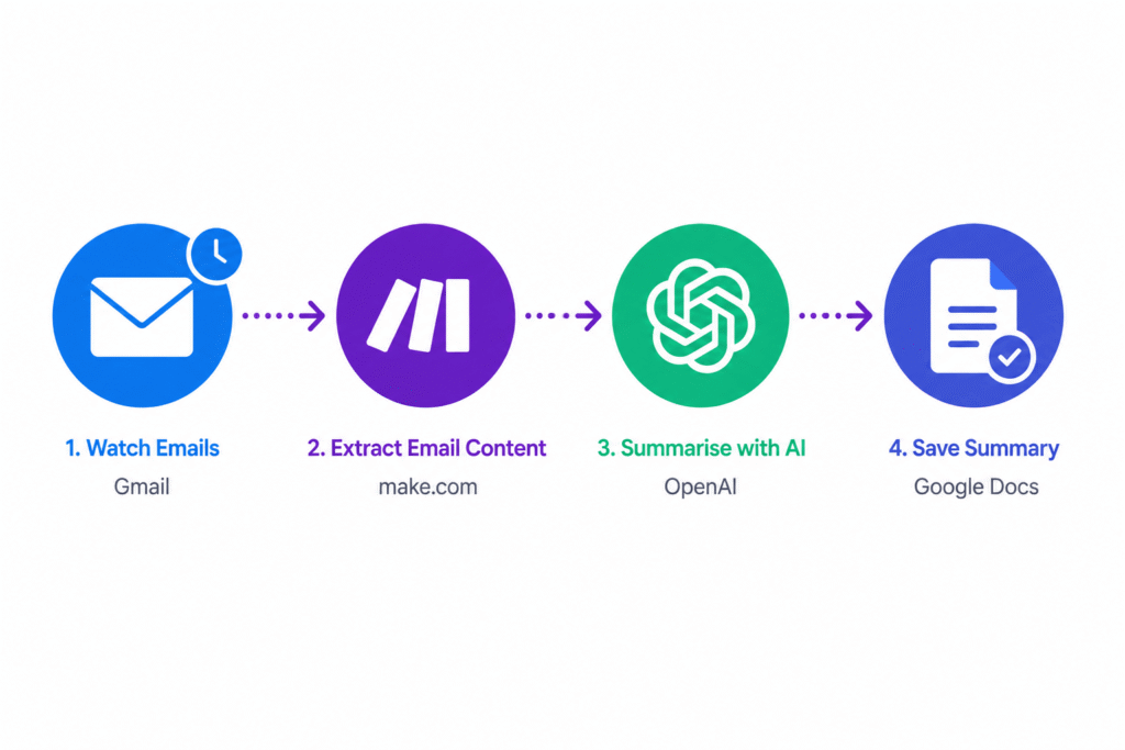 Diagram showing a 4-step automated workflow: 1. Watch Emails (Gmail), 2. Extract Email Content (make.com), 3. Summarise with AI (OpenAI), and 4. Save Summary (Google Docs).