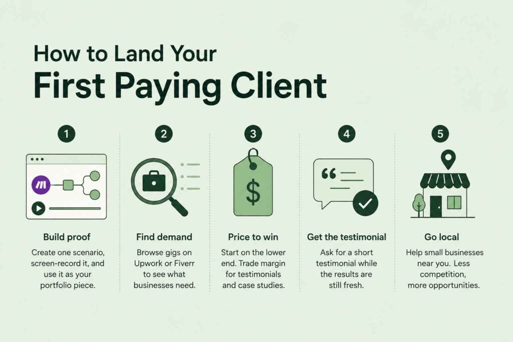 Minimalist infographic illustrating five steps to land a first paying client for Make.com automation services. The design features a soft green background with simple line-style icons representing building a portfolio project, researching client demand, pricing competitively, collecting testimonials, and targeting local businesses. A clean, modern layout presents the steps in a horizontal workflow with a professional and beginner-friendly aesthetic.
