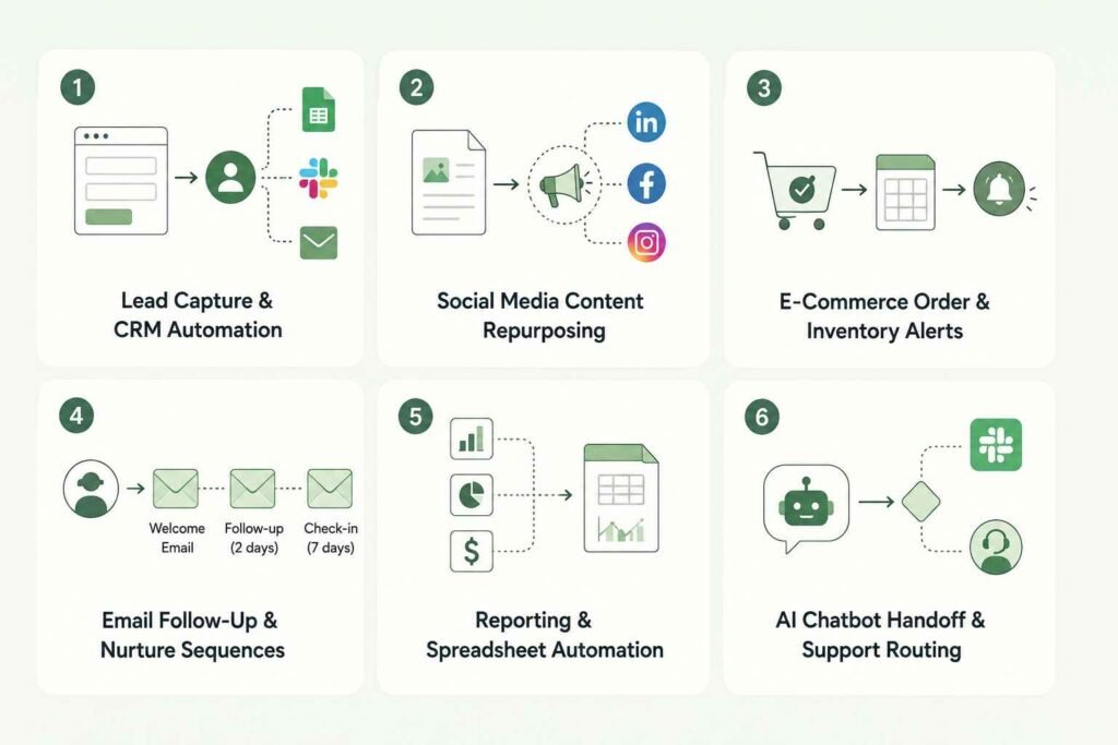 Make money with make.com: Minimalist infographic showing six automation service ideas arranged in a clean 2×3 grid. Simple line icons illustrate lead capture and CRM automation, social media content repurposing, e-commerce inventory alerts, email follow-up sequences, reporting and spreadsheet automation, and AI chatbot support routing. The design uses a soft green and white color palette with modern vector-style illustrations, emphasizing business automation workflows and no-code services.