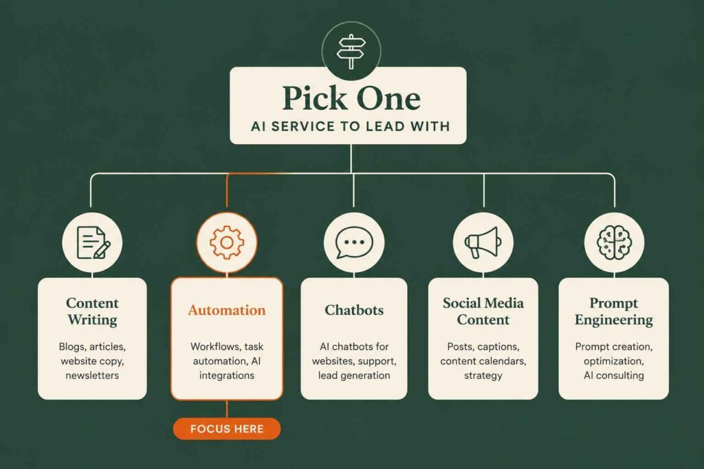 Minimalist decision tree showing AI freelance services including content writing, automation, chatbots, social media, and prompt engineering, with automation highlighted.