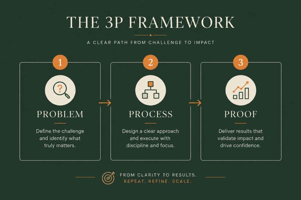 Minimalist three-step framework infographic showing Problem, Process, and Proof in connected blocks with cream and orange accents on a dark olive green background.