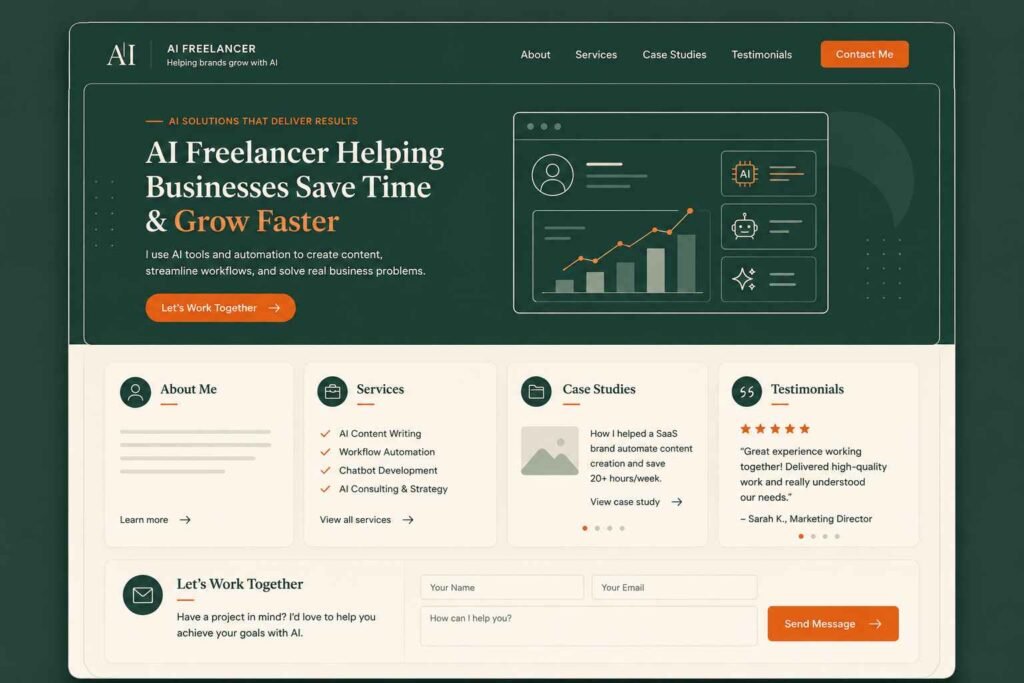 Minimalist AI freelancer portfolio dashboard featuring About, Services, Case Studies, Testimonials, and Contact sections on a dark green background with cream cards and orange accents.