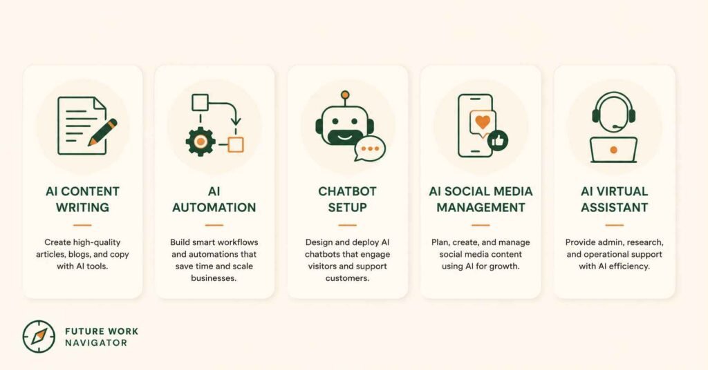 5 niches: AI content writing, automation, chatbot setup, social media management, virtual assistant