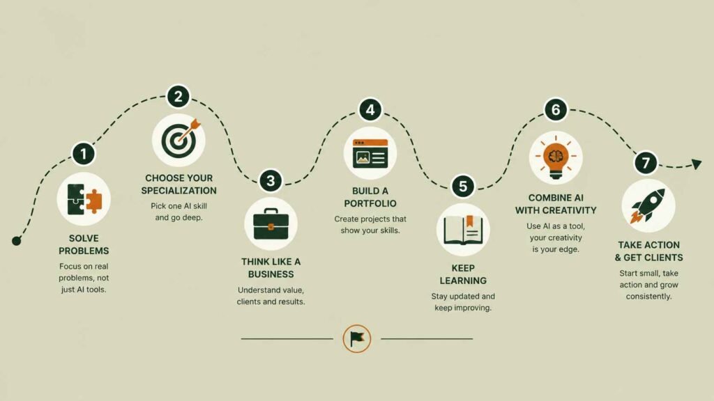 7 Smart Tips to Make Money with AI in 2026(Even Without a Degree or Experience) 6 Problem solving, specialization, business, portfolio, learning, creativity, and action.