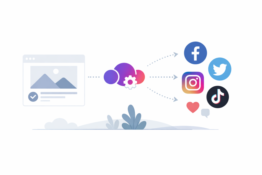 Automated social media workflow illustration showing Make.com cross‑posting new blog content to Facebook, Twitter, Instagram, and TikTok — representing AI‑powered content distribution and workflow automation for creators.