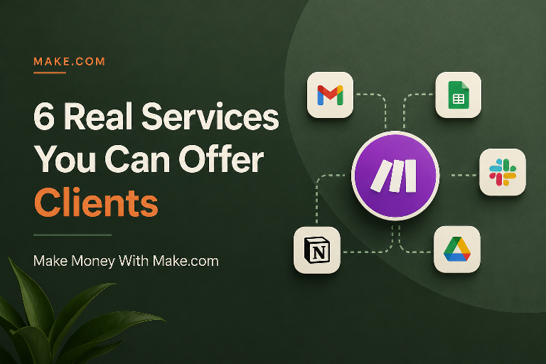 Minimalist featured image for a Make.com freelancing article, featuring a dark green gradient background with a central Make.com automation hub connected to Gmail, Google Sheets, Slack, Notion, and Google Drive icons. Large bold text reads “6 Real Services You Can Offer Clients” with a clean modern layout emphasizing automation, no-code workflows, and business services.