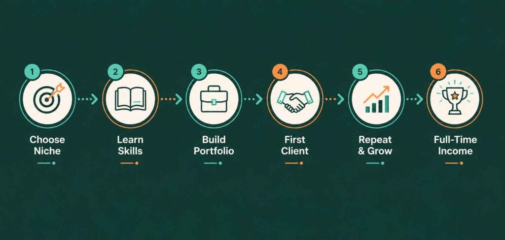 Minimalist roadmap infographic illustrating the journey from beginner to full-time AI income: Choose Niche → Learn Skills → Build Portfolio → First Client → Repeat & Grow → Full-Time Income, with connected circular icons on a dark green gradient background.