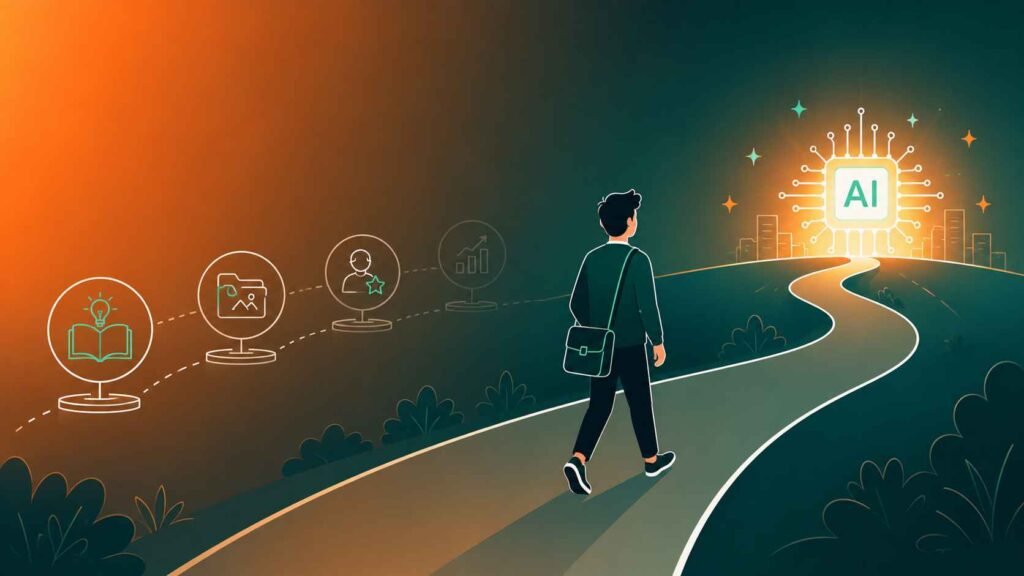 A beginner walks toward a glowing AI horizon carrying a laptop bag.