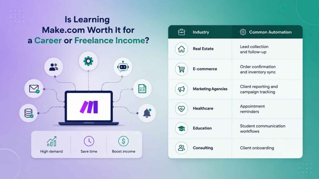 15 Real-Life Make.com Examples to Automate Work in 2026 3 Minimalist illustration of Make.com automation for freelance careers, showing a central workflow hub connected to business, AI, productivity, and automation icons alongside industry workflow examples on a modern purple-to-teal gradient background.