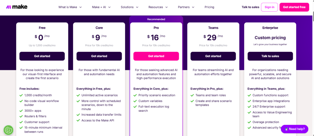 make.com pricing from free to enterprise