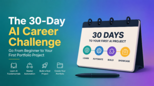 30-day AI career challenge roadmap showing four steps: learn AI, automate, build a real project, and showcase a portfolio.
