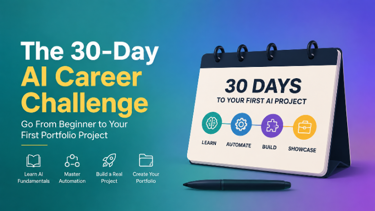 30-day AI career challenge roadmap showing four steps: learn AI, automate, build a real project, and showcase a portfolio.