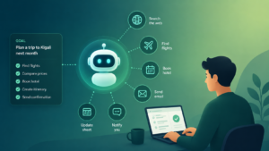 Minimalist featured illustration showing how AI agents plan tasks, use tools, and automate multi-step workflows. Designed for a beginner's guide to understanding AI agents in 2026.