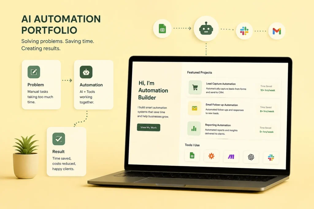 How to Build an AI Automation Portfolio With No Client Experience 2 Minimalist AI automation portfolio displayed on a laptop, showing automated workflows, featured projects, tools, and time-saving results on a soft yellow background.