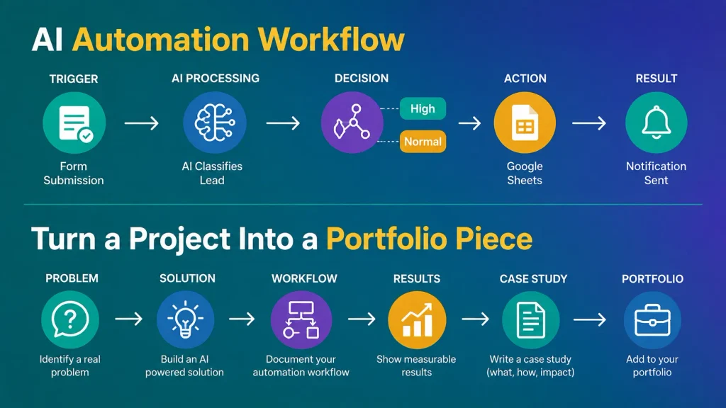 AI automation workflow showing form submission, AI lead classification, decision-making, Google Sheets action, and notification, followed by a six-step process for turning an AI automation project into a portfolio case study.