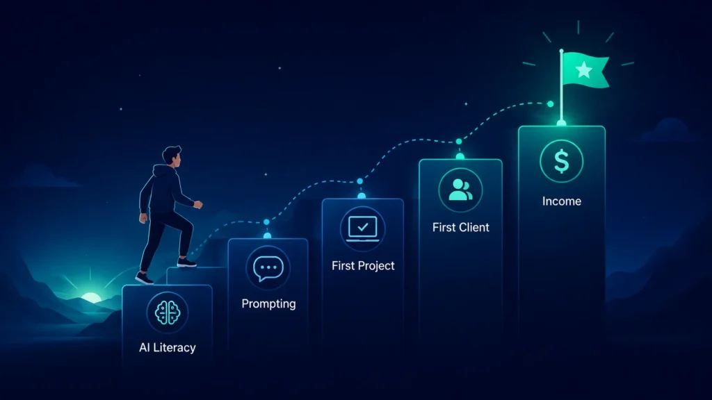 Person climbing a step-by-step AI skills roadmap from AI literacy and prompting to first project, first client, and income.