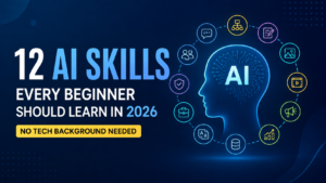 Illustration of 12 AI skills beginners should learn in 2026, with AI head icon and digital skill symbols.