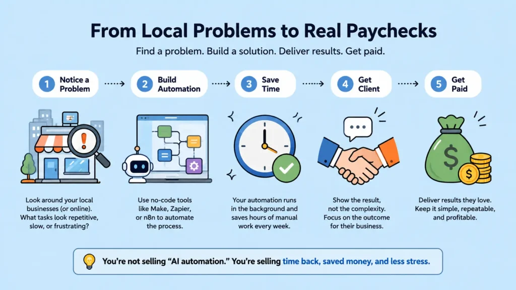 Beginner-friendly roadmap showing five steps: notice a problem, build automation, save time, get a client, and get paid.