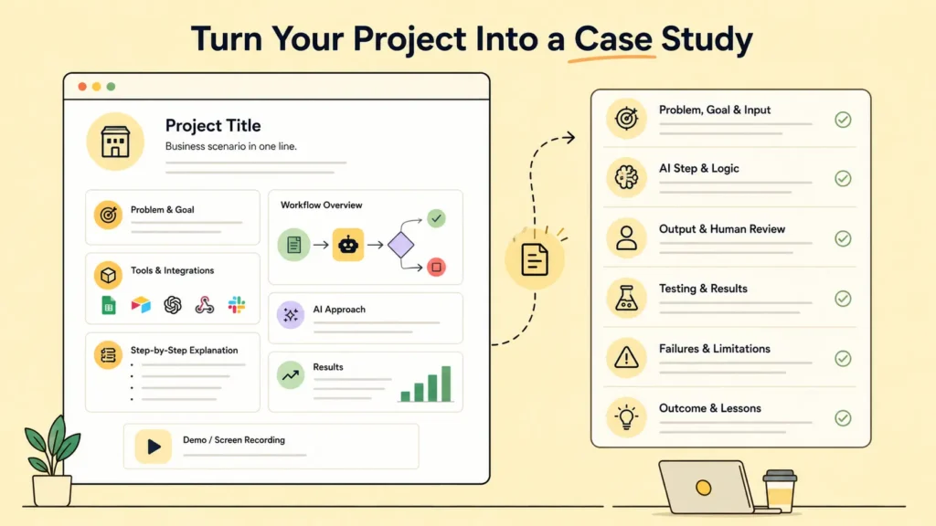 How to Build an AI Automation Portfolio With No Client Experience 4 Minimalist illustration showing a project transformed into a structured case study, with workflow, AI steps, tools, testing, results, limitations, and lessons on a soft yellow background.