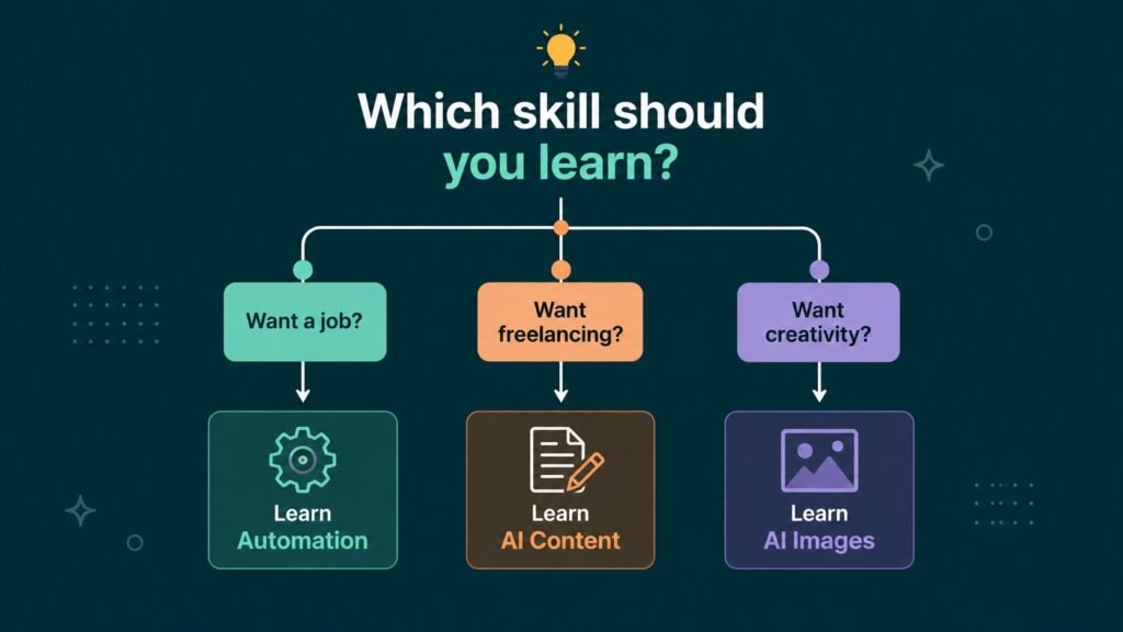 Minimalist decision tree showing which AI skill to learn based on goals: job → automation, freelancing → AI content, creativity → AI images.
