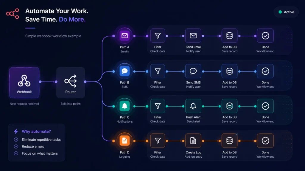 Dark workflow automation diagram showing a webhook splitting into multiple automated task paths.