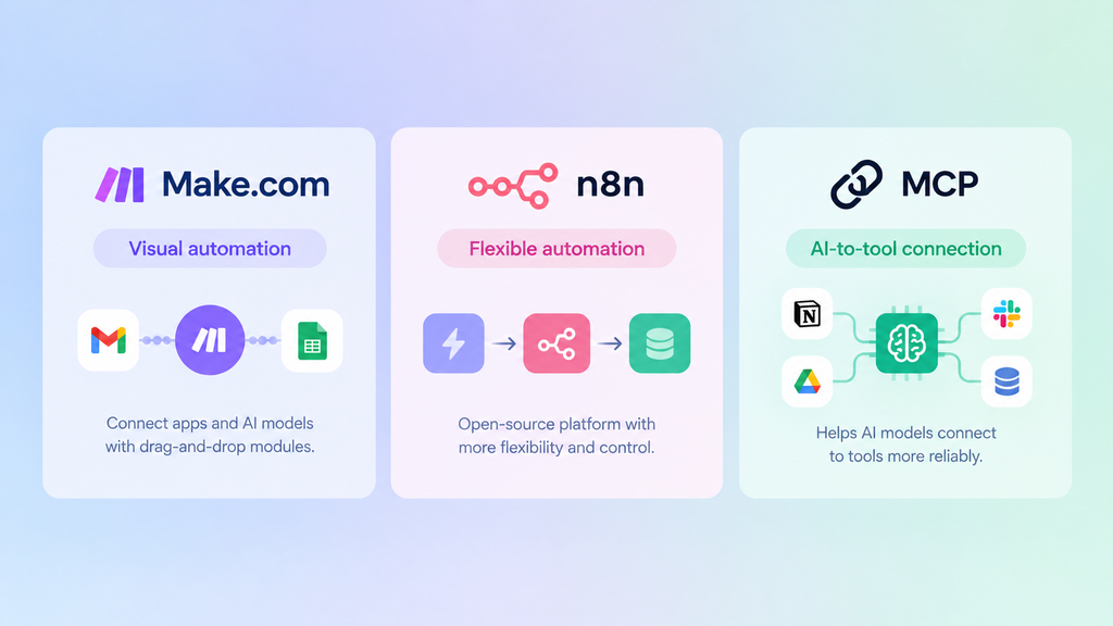No-code AI agent tools including Make.com and n8n