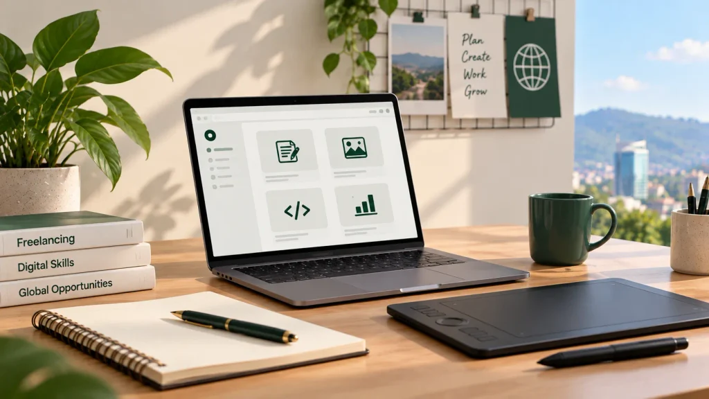 Minimalist freelance workspace with a laptop, drawing tablet, and notebook representing online writing, design, and development work.