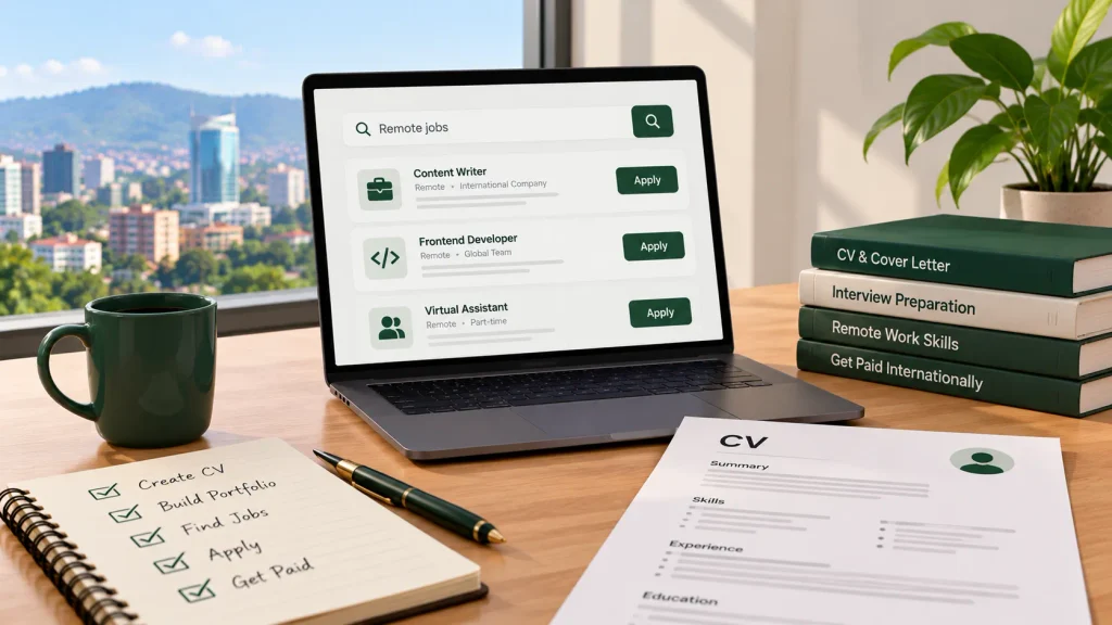 Remote job application workspace with a laptop, CV, and checklist for finding and applying to international jobs from Rwanda.