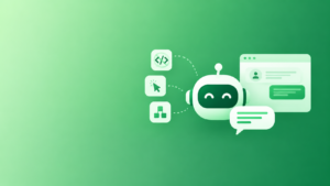 Minimalist green gradient illustration of a friendly AI chatbot with chat bubbles, a browser chat interface, and no-code workflow icons representing visual chatbot building without programming.