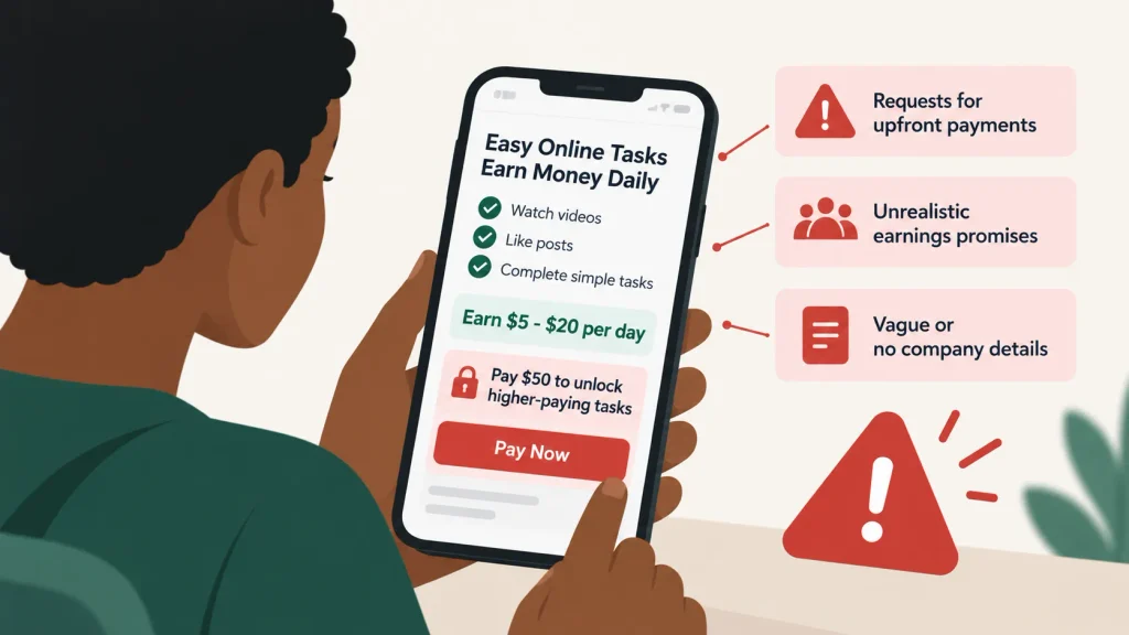 Warning signs of online job scams in Rwanda, including fake task offers and requests for upfront payments.
